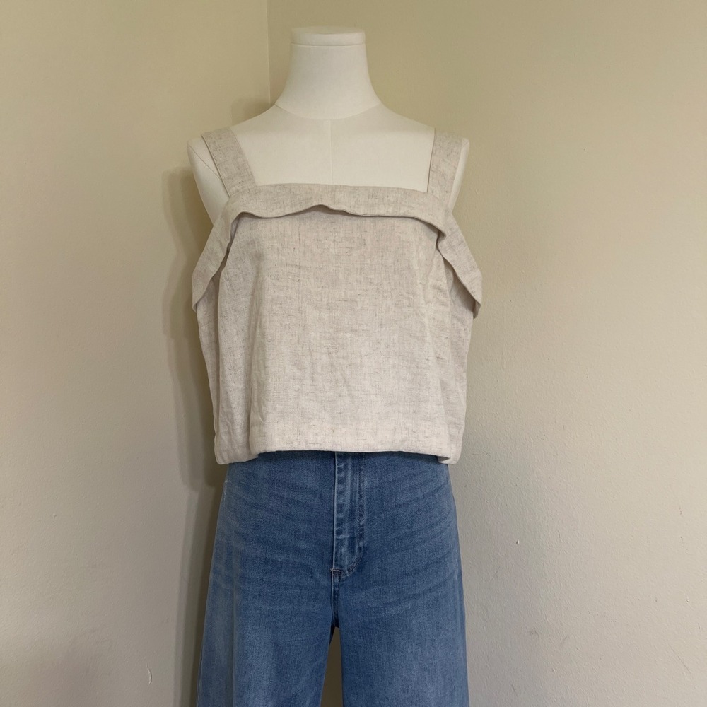 American Eagle Linen Blend Smocked Back Tank Top Beige Large